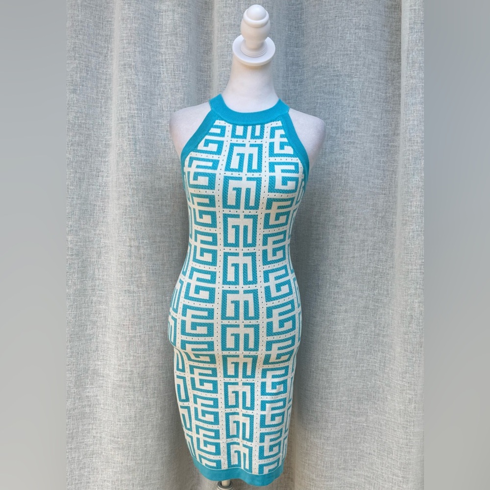 IMMODEL geometric light blue and white mini stretch dress